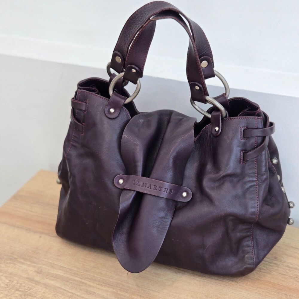 Lamarthe Paris‎ Dark Burgundy Leather Studded sides Hobo Satchel Boho whimsigoth